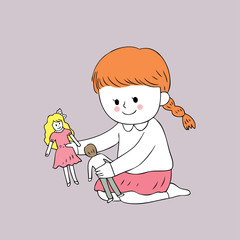Cartoon cute girl playing dolls vector.