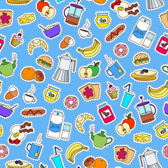 Seamless pattern on Breakfast and food theme, simple color patch icons on blue  background