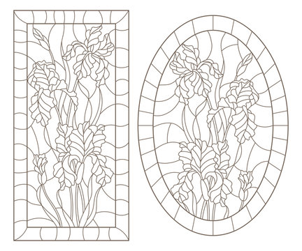 A set of contour illustrations of stained glass Windows with irises in frames, dark contours on a white background, oval and rectangular image