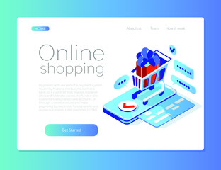 purchase in an online store through a smartphone. A shopping basket with a gift. . isometric 3d