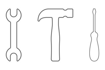 SPANNER, HAMMER and SCREWDRIVER. Outline. Vector icon.
