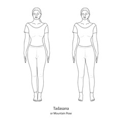 Tadasana or Mountain Pose. Feet Together and Feet Apart Variations. Vector.