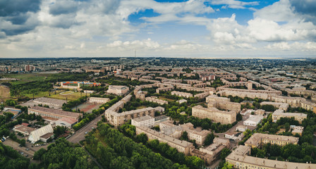 Aerial drone panoramic view of historical city center of Magnitogorsk, architectural ensemble of 50s, rest and sport place on the foreground