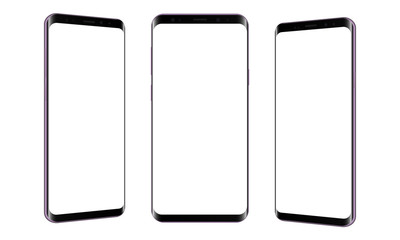 Set of modern frameless smartphones isolated on white background. Cellphones with front and side views. Vector illustration