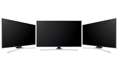 Set of three wide television screens mock up isolated on white background. Vector illustration
