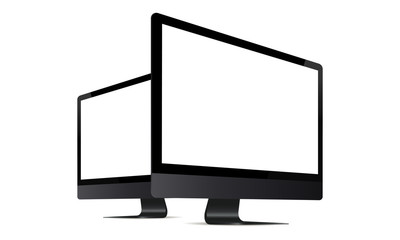 Computer monitor black mock up with perspective side view isolated on white background. Vector illustration - obrazy, fototapety, plakaty