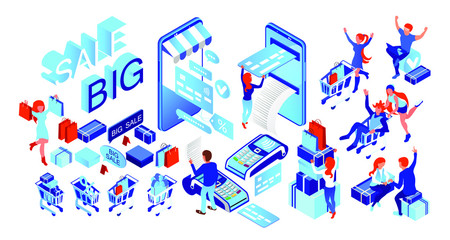 Shopping through the Internet. People buy through a smartphone. Easy payment. Girl with shopping cart and woman with shopping. Set for banner on white background. Isometric 3d