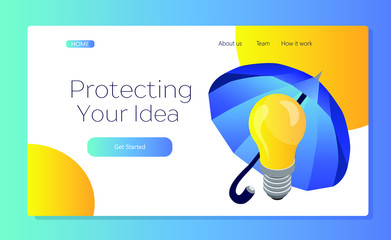 Protecting your business idea. The idea is under the umbrella. A burning light bulb. Isometric 3d