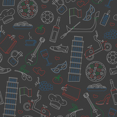 Seamless pattern on the theme of journey in the country of Italy, simple contour icons colored chalks on the dark school Board