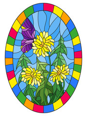 Illustration in stained glass style flower of Taraxacum and purple butterfly on a blue background,oval image in bright frame 