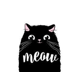 Black cute cat vector print design. Meow lettering text. Kitten face vector background. Funny and cool smiling cartoon character. Love baby illustration