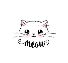 Cute cat vector print design. Meow lettering text. Kitten face vector background. Funny and cool smiling cartoon character. Love baby illustration