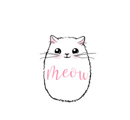 Cute cat vector print design. Meow lettering text. Kitten face vector background. Funny and cool smiling cartoon character. Love baby illustration