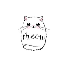 Cute cat vector print design. Meow lettering text. Kitten face vector background. Funny and cool smiling cartoon character. Love baby illustration