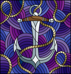 Illustration in stained glass style with ship anchor and rope on the background of waves © Zagory