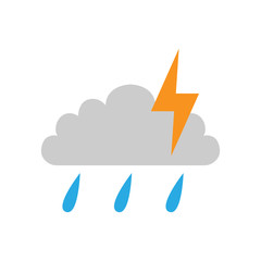 THUNDERSTORM symbol. CLOUD, LIGHTNING and RAIN DROPS. Weather forecast icon. Vector.