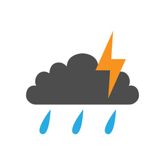 NIGHT THUNDERSTORM symbol. CLOUD, LIGHTNING and RAIN DROPS. Weather forecast icon. Vector.
