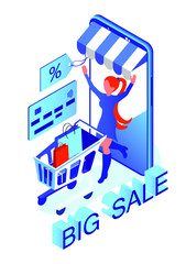 Sale banner. Pleased people with shopping in the store and online store. Isometric 3d