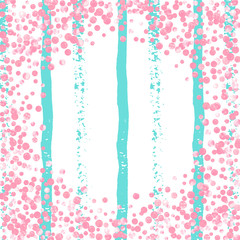 Pink glitter confetti with dots on turquoise stripes. Falling sequins with glossy sparkles. Template with pink glitter confetti for party invitation, banner, greeting card, bridal shower.
