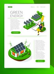 Alternative energy sources: solar panels, windmills. Landing page.  isometric 3d