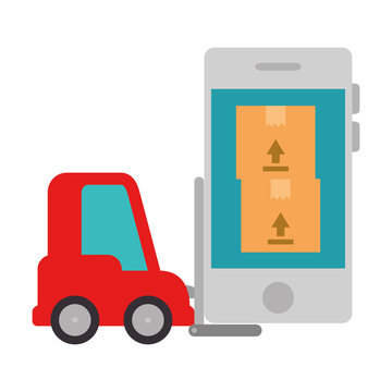 forklift vehicle with smartphone and boxes