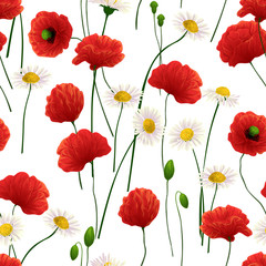 Fototapeta premium Seamless pattern made of daisy and poppy flowers.