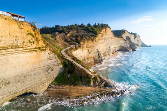 Logas Beach and amazing rocky cliff in Peroulades. Corfu Island. Greece