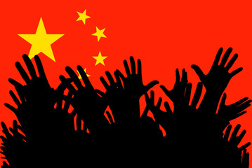 Hands up silhouettes on a China flag. Crowd of fans of soccer, games, cheerful people at a party. Vector banner, card, poster.