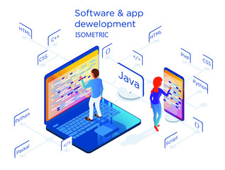 Development of software and mobile applications. Different specialists are working on the creation of the product. Illustration on white background in isometric 3d