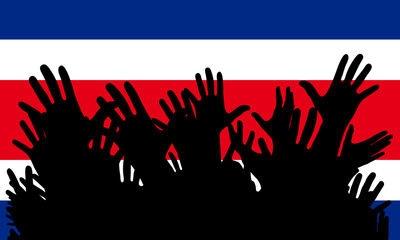 Hands up silhouettes on a Costa Rica flag. Crowd of fans of soccer, games, cheerful people at a party. Vector banner, card, poster.