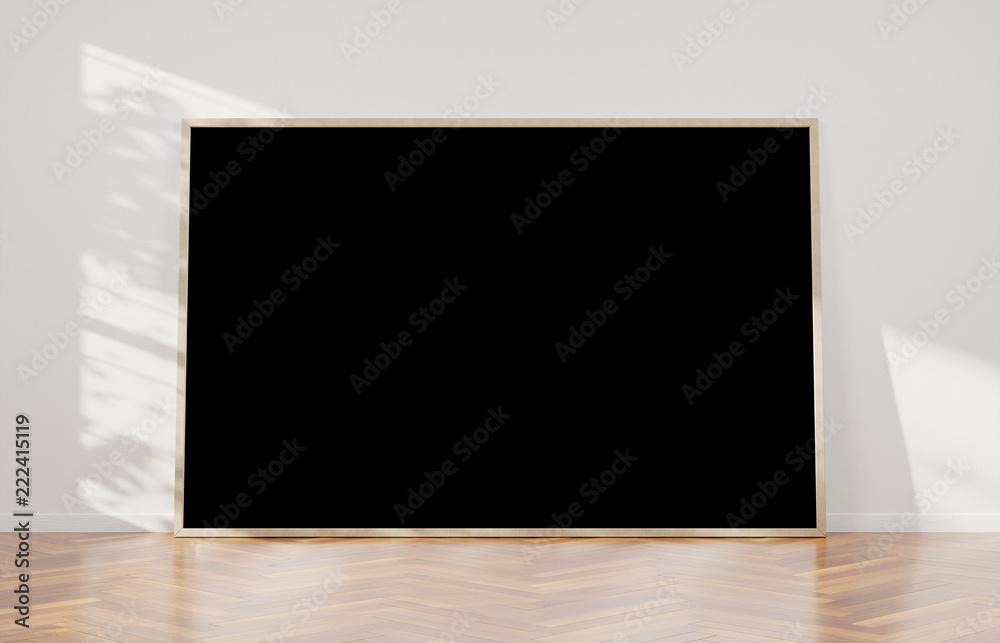 Poster large horizontal frame leaning on a white wall 3d rendering