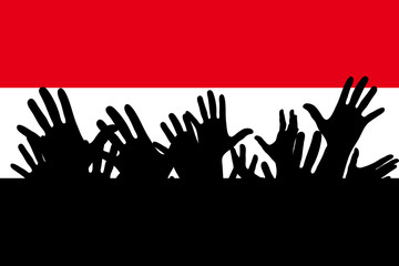 Hands up silhouettes on a Yemen flag. Crowd of fans of soccer, games, cheerful people at a party. Vector banner, card, poster.