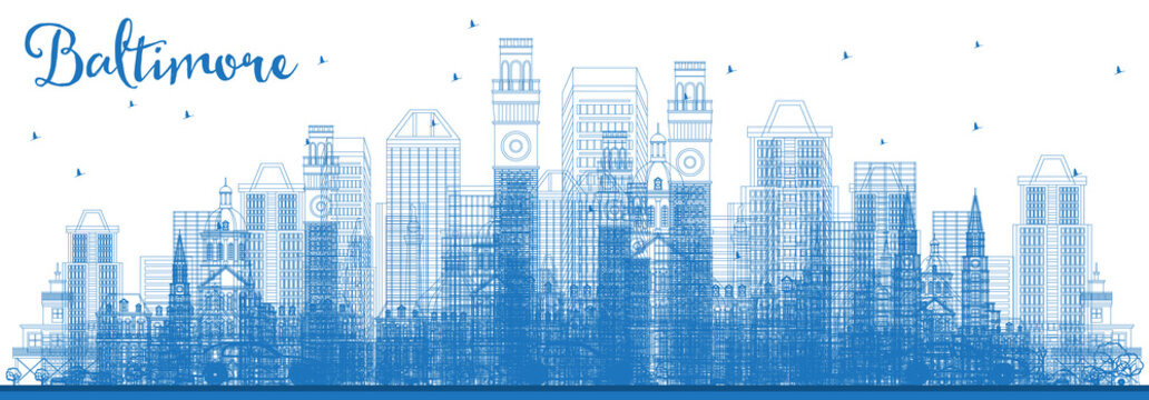 Outline Baltimore Maryland City Skyline with Blue Buildings.