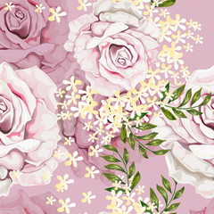 Seamless background pattern.Roses  and little flowers with leaves.  Watercolor, hand drawn. on pink background Vector illustration