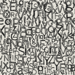 Seamless pattern from letters. Letters in a sketch style. Black on beige. Chaotically scattered on the sheet, but not inverted.