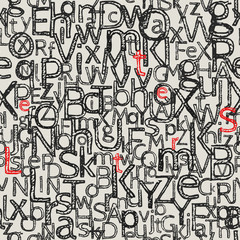Seamless pattern from letters. Letters in a sketch style. Black on beige. Chaotically scattered on the sheet, but not inverted. Red color is allocated the word: Letters