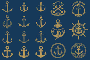 Fototapeta na wymiar Set of nautical emblems and design elements in vintage style. Anchors labels set on blue background.
