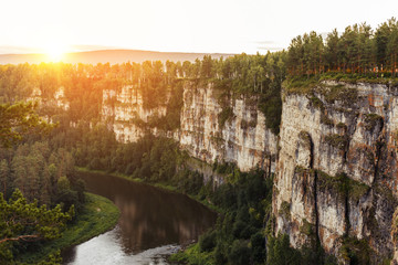 Sunset over the Ural Mountains. Canyon of the Ai River