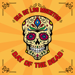 Day of the dead. Dia de los muertos. Banner template with mexican sugar skull on background with floral pattern. Design element for poster, card, flyer, t shirt.