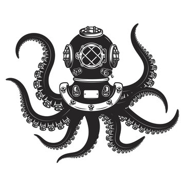 diver helmet with octopus tentacles isolated on white background. Design elements for poster, t-shirt.