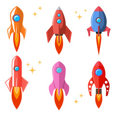 Set of rocket in flat style. Cartoon spaceships. Design element for poster, card, banner, flyer, card.