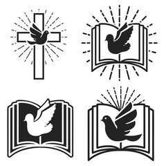 Religious community. Emblem template with dove and Holy Bible. Holy Spirit.