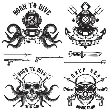Born to dive. Set of vintage diver helmets, diver label templates and design elements.  Design elements for logo, label, emblem, sign, badge, brand mark.