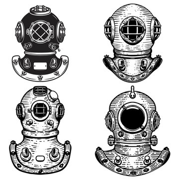 Set of retro style diver helmets. Design elements for logo, label, emblem, sign.