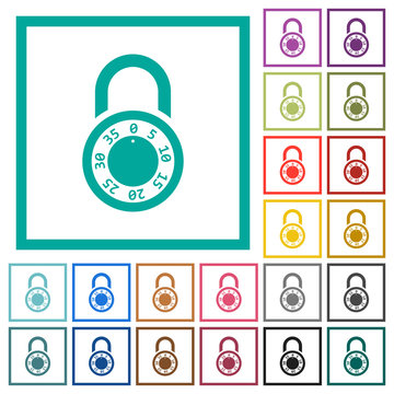 Locked round combination lock flat color icons with quadrant frames