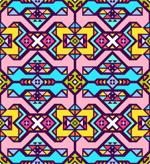 Modern abstract colorful geometric seamless pattern. Eternal ornament in traditional ethnic style. Ornate illustration with vintage motives. Contrast graphic texture. Background element of design.
