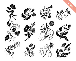 Hand drawn doodle floral silhouettes collection. Decorative element, stencil, tattoo