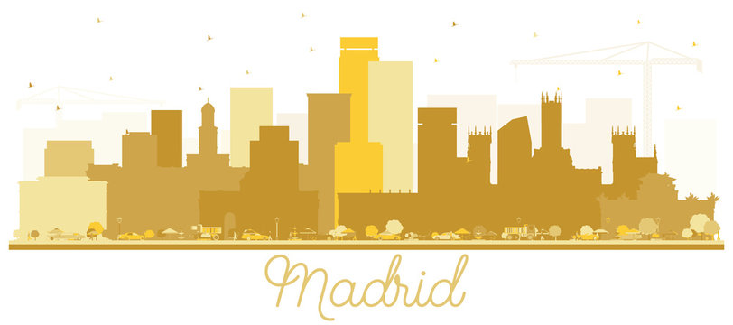 Madrid Spain Skyline Silhouette with Golden Buildings Isolated on White Background.