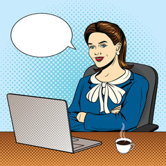 Vector color pop art comic style illustration of a business woman sitting at the computer. Beautiful young woman sits in a chair in the office. Successful Woman boss with arms crossed on her chest