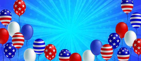 Blue color burst background poster flyer banner. American flag balloon vector design. Holiday celebration concept template.